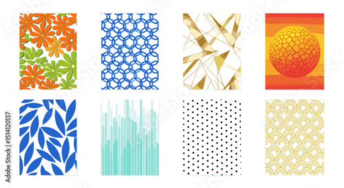 Collection of eight unique vertical patterns featuring floral, geometric, and abstract designs and motifs
