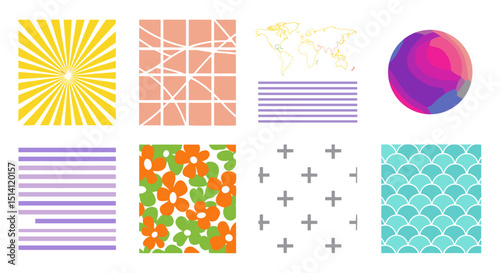 Assorted geometric and floral patterns with a gradient sphere on a white background display art