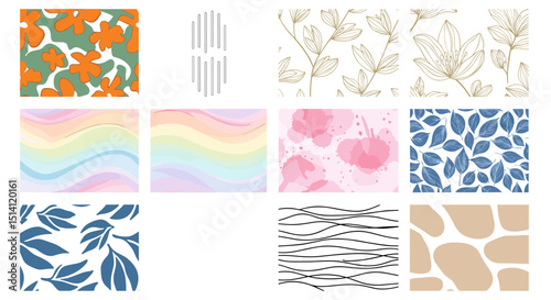 Collection of diverse abstract patterns including floral, geometric, and organic shapes arranged neatly