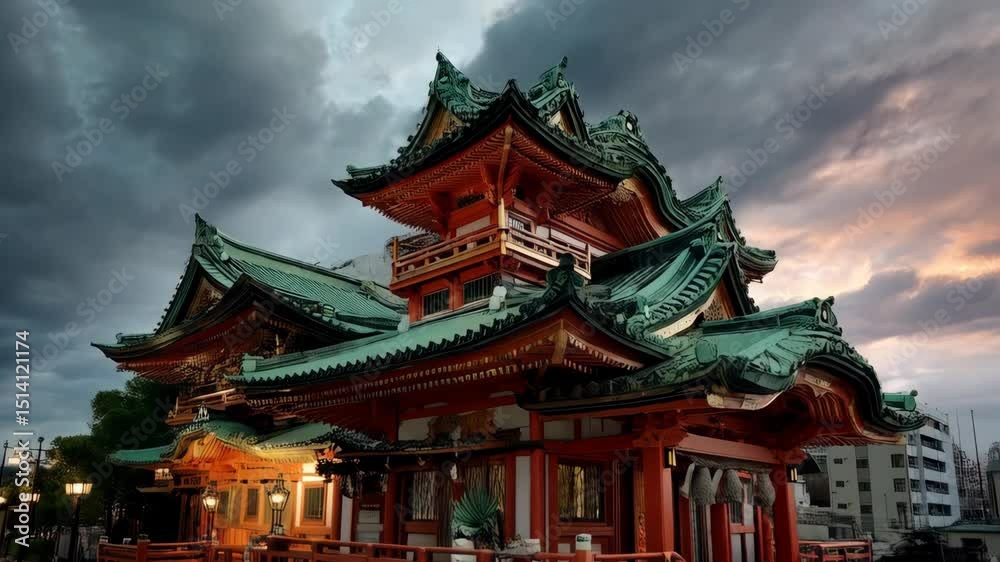 Exterior view of a multi-tiered temple with elaborate rooflines under a dramatic sky in orange and green hues. Exterior view of a multi-tiered temple with elaborate rooflines under a dramatic sky in orange and green hues.