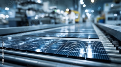 silicon solar panel cells on factory conveyor, renewable energy manufacturing 
