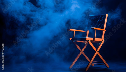 Wallpaper Mural One empty director's chair on dark blue background with smoke Torontodigital.ca