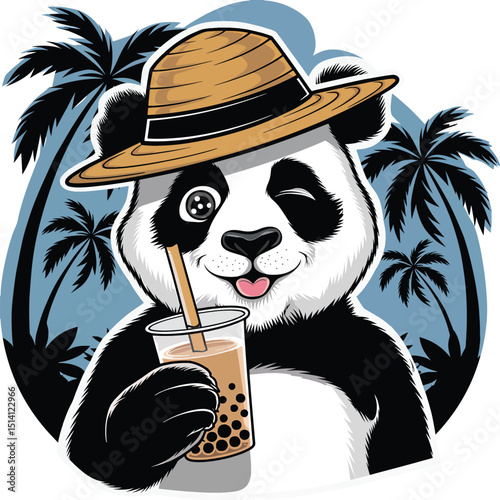 A panda holding bubble tea and winking