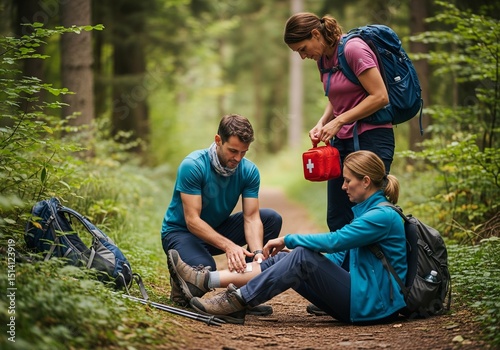 Hikers Providing First Aid for Leg Injury on Forest Trail