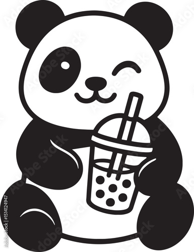 A panda holding bubble tea and winking