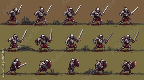 Pixel art medieval warrior sprite sheet with sword attack and idle animation frames