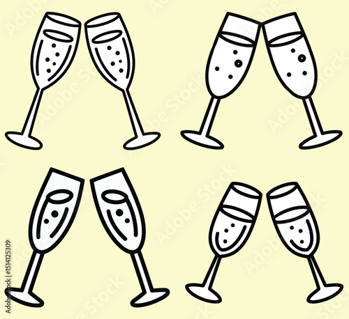 Champagne Glasses Toast Celebration Cheers Vector Icon Set