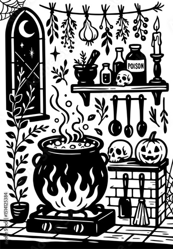 Witch kitchen scene with potion cauldron, poison bottles, herbs, skulls, Halloween decor, gothic black and white illustration