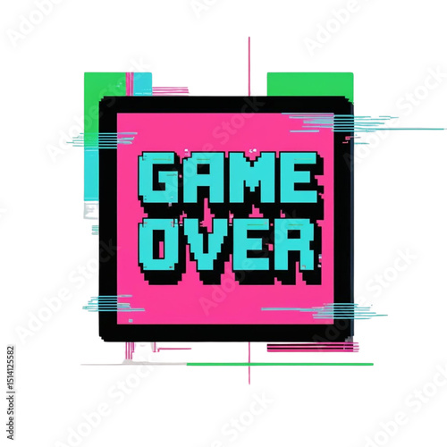 Game over pixel art design for retro gaming enthusiasts and arcade lovers with glitch effect and vibrant colors