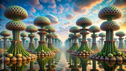 A Surreal Landscape of Bio Luminescent Fungi Reflecting in a Still Waterway