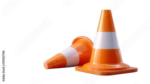 Two orange traffic cones with white stripes on a white background   photo