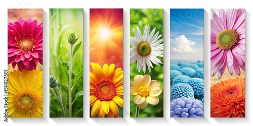 Vibrant Floral Quintet A captivating arrangement of five distinct flower panels, showcasing the beauty of nature's diverse palette through vivid blooms and lush greenery in a modern art style.