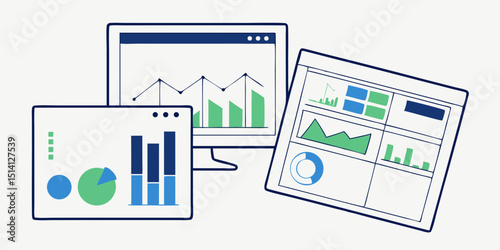 Visual representation of data analytics with graphs and charts on computer screens illustrating business performance metrics