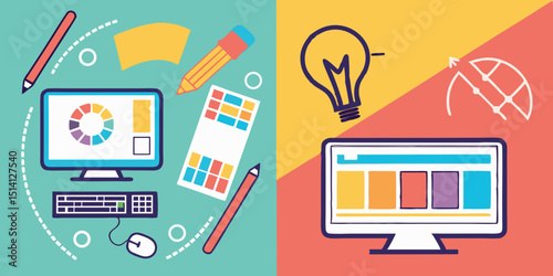 Creative design workspace showcasing color palettes, sketches, and ideas for graphic projects