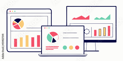 Data analysis dashboards showcasing colorful graphics and charts for business insights in an office setting