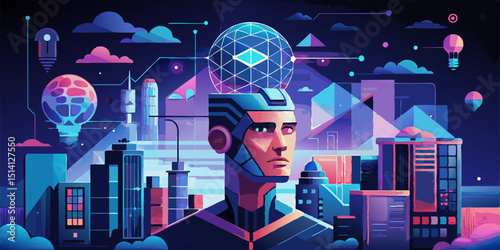 Futuristic urban landscape featuring a humanoid figure with a geometric design above its head
