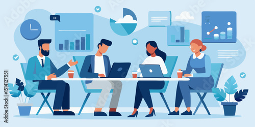 Team collaboration in a modern office setting with data presentation and discussion among professionals
