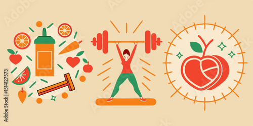 Fitness enthusiast lifting weights with healthy food and lifestyle symbols in a vibrant illustration