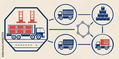 Transportation logistics illustration with trucks, bridges, and barrels in a network diagram