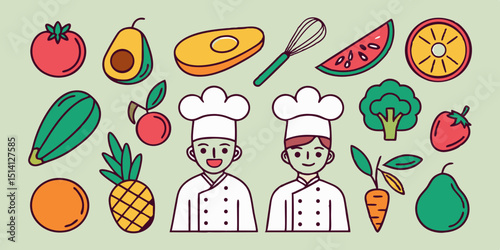 Chefs preparing ingredients in a colorful kitchen illustration featuring various fruits and vegetables