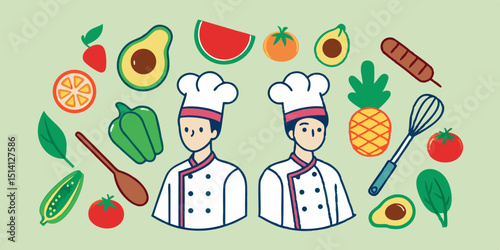 Chefs preparing fresh ingredients in a vibrant kitchen setting with colorful fruits and vegetables