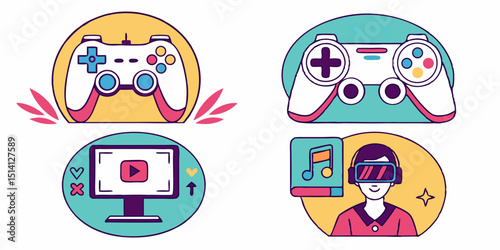 Digital gaming elements featuring controllers, screens, and virtual reality devices illustrated in vibrant colors