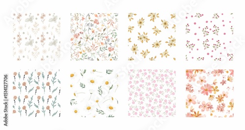 Fototapeta Naklejka Na Ścianę i Meble -  Delicate seamless floral patterns in soft pastel colors, featuring various flowers and leaves in a watercolor style.
