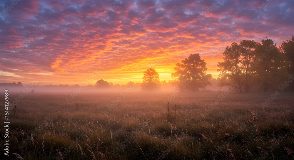 Obraz premium Autumn sunrise over a field of tall grass and golden trees.