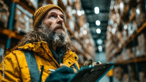 Worker in Warehouse Focused on Inventory Management with Clipboard and Yellow Jacket photo