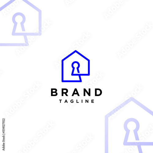 Simple House Keyhole Line Logo Design. House Connection Line With Keyhole Icon Logo Design.