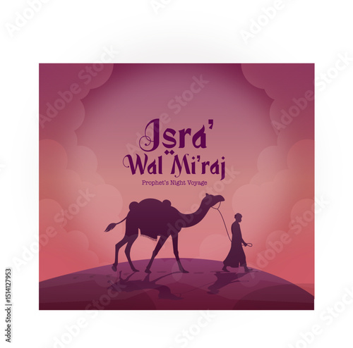 Illustration of a man walking with a camel in a desert and a sunset background