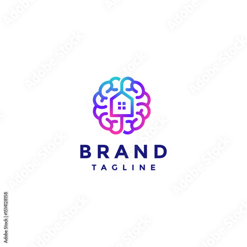 Simple Infinity Brain House Line Logo Design. House Inside Colorful Brain Lines Logo Design.