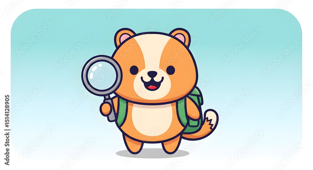 Fototapeta premium Cute and friendly vector mascot character for a kids' educational app about nature. A smiling, curious animal holding a magnifying glass and wearing a backpack. 