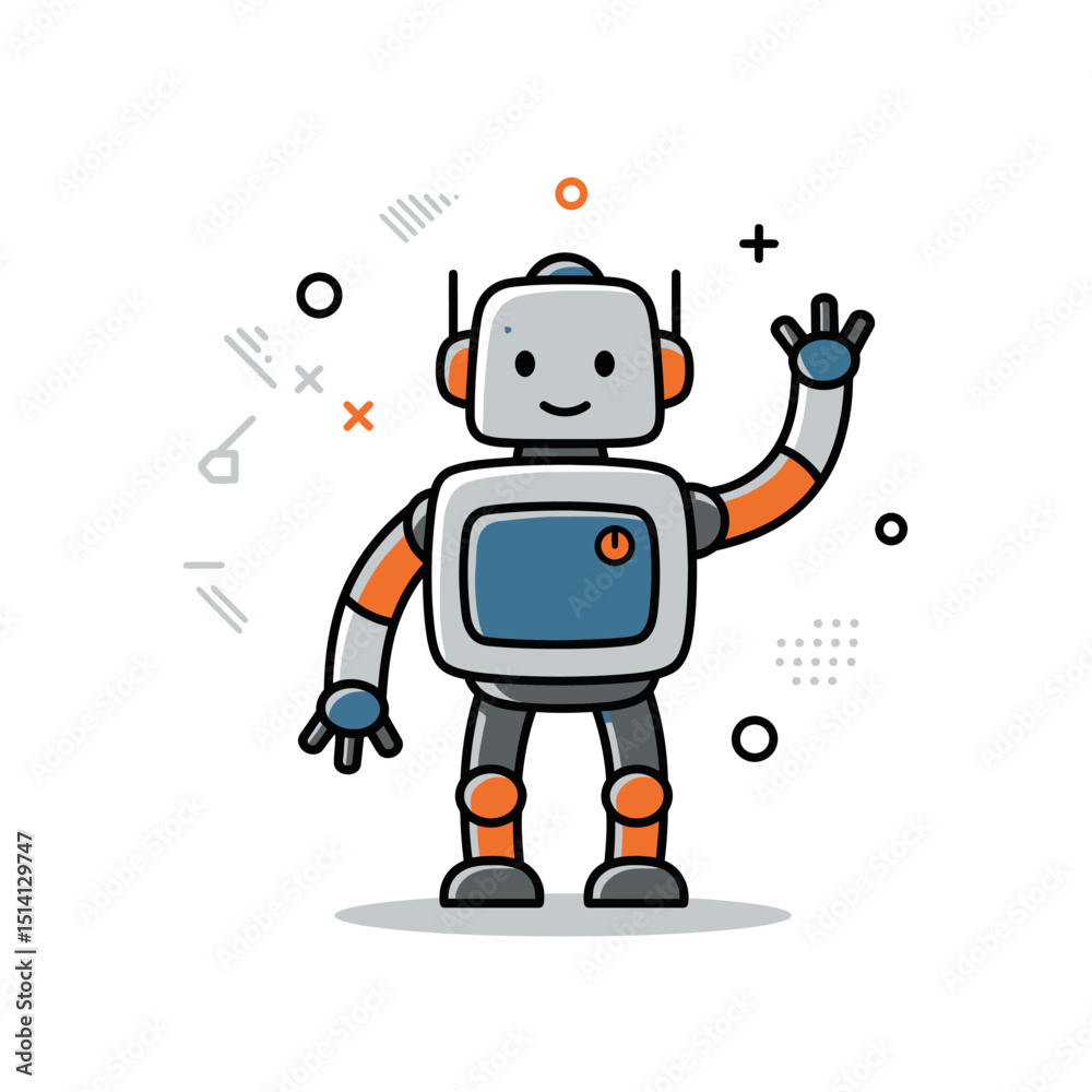 Fototapeta premium Friendly cartoon robot waving hand with cheerful expression and geometric background elements