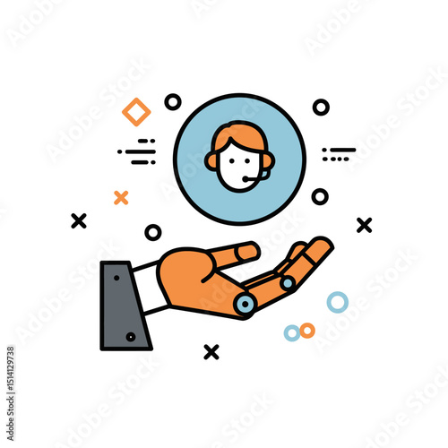Conceptual illustration of customer support with robotic hand holding human avatar