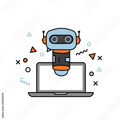 Illustration of a friendly robot hovering above a laptop with abstract design elements around