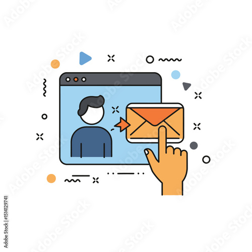 Illustration of sending an email message from a computer user interface with a hand cursor pointing to the envelope icon