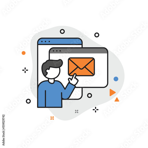 Illustration of person interacting with digital email notification on screen with abstract background