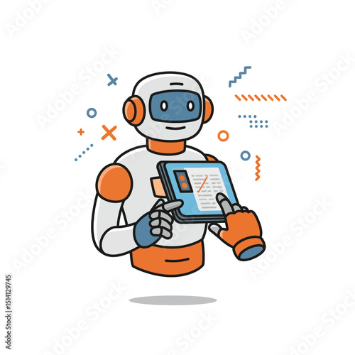 Illustration of a friendly robot holding a digital tablet displaying data and interacting with touch screen