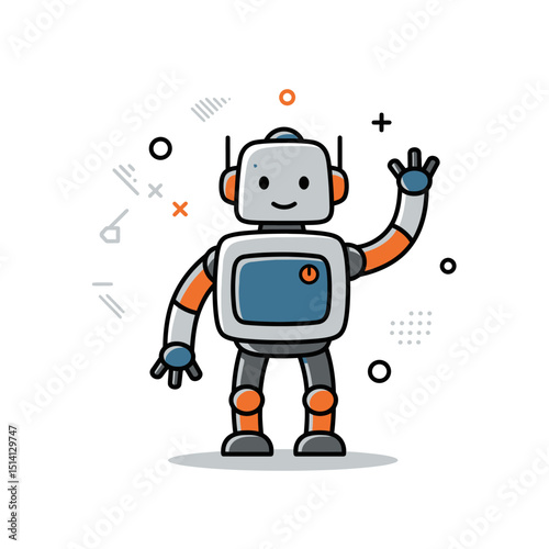 Friendly cartoon robot waving hand with cheerful expression and geometric background elements