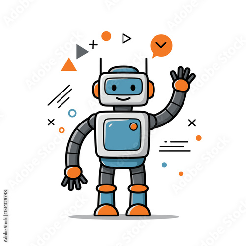 Friendly cartoon robot waving hand surrounded by colorful geometric shapes and design elements