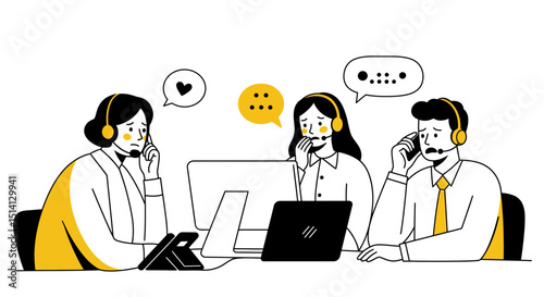 Illustration of customer support team working together using headsets and computers in office environment