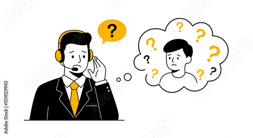 Customer service representative trying to understand and solve a confused customer's issues with question marks around