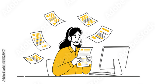Stressed woman dealing with overwhelming paperwork and office tasks in front of computer
