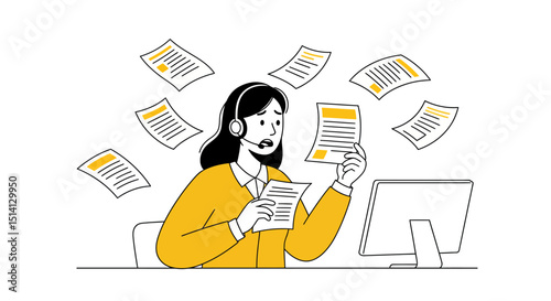 Stressed woman working at computer surrounded by flying papers overwhelmed with tasks at office