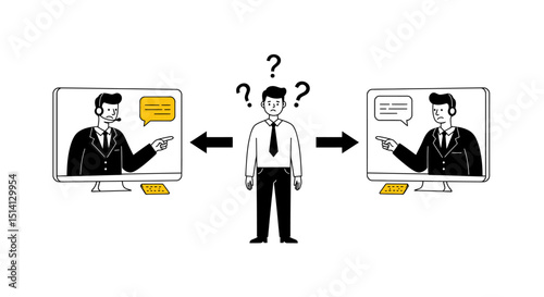 A confused businessman facing conflicting advice from two virtual colleagues on computer screens