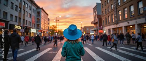 Solitary child in blue hat crossing street during sunset, urban solitude