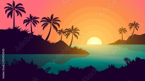Sunset at beach background illustration, beautiful evening summer panoramic landscape at lagoon or bay with silhouette torpical coconut palm trees, sun and orange gradient sunset sky