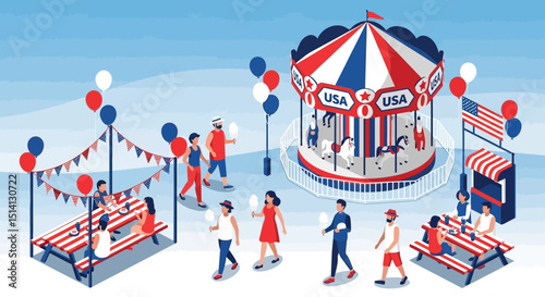 Crowded patriotic carnival scene with usa themed carousel and picnic tables on a sunny day