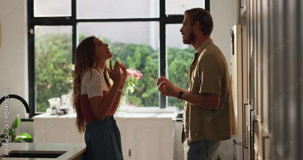 Fight, conflict and couple with argument in home for toxic marriage, doubt and disagreement. Divorce, liar and frustrated people with conversation, relationship drama and dispute for cheating affair